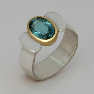 Pedestal Ring with silver shank and 18K gold stone setting with Paraiba like Tourmaline from Africa